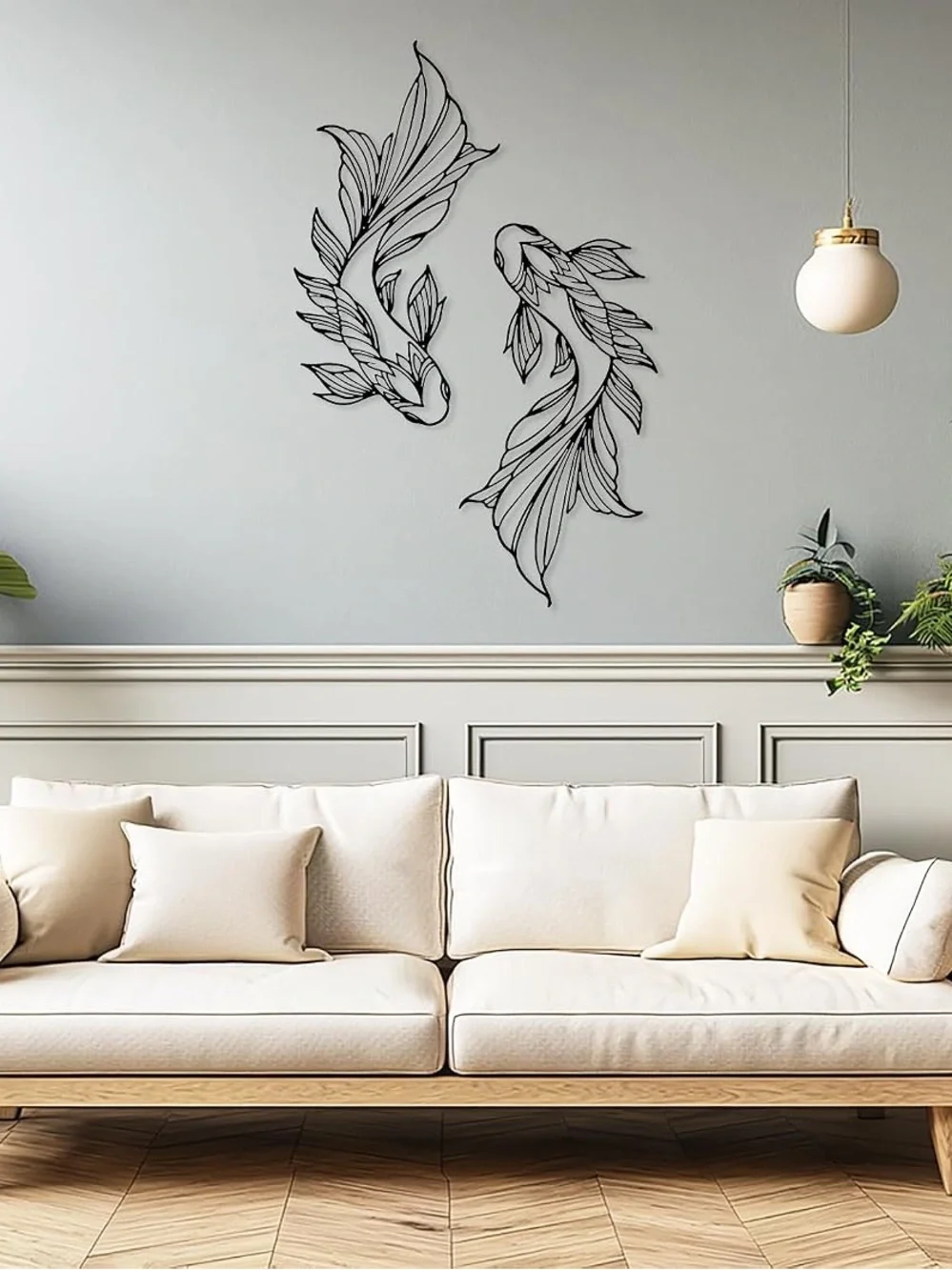 Black Koi Fish Wall Art - Minimal Metal Outline Decor Set of 2